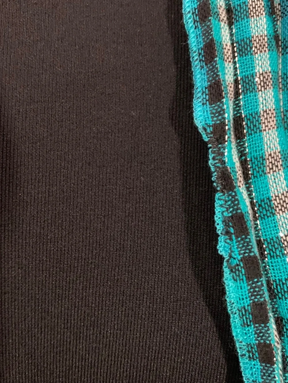 Teal Black Checkered Gingham Plaid Scarf Silver Metallic Stripe Fringe Emo